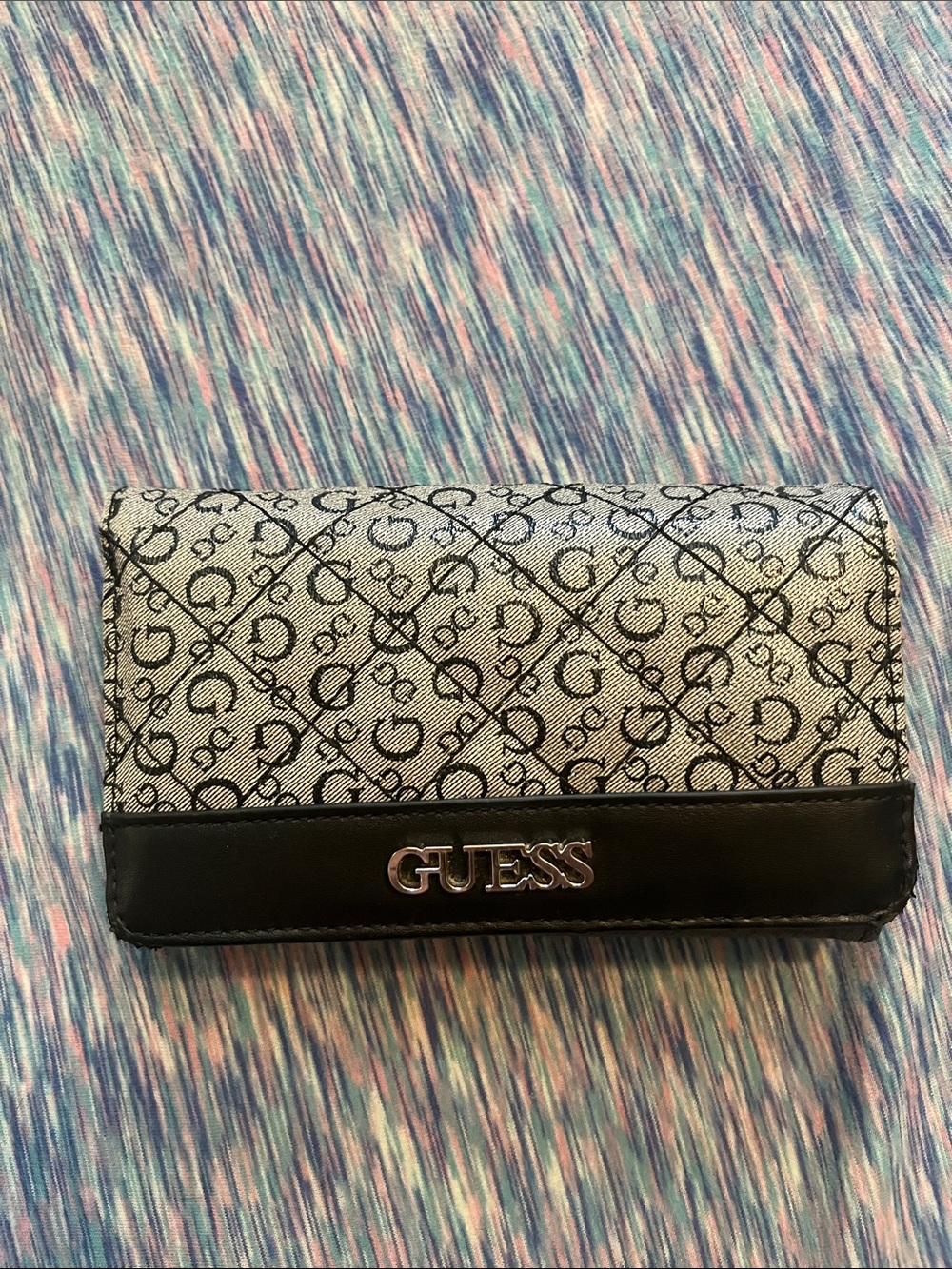 GUESS Black and White Logo Continental Wallet with Silver Hardware
